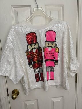 Girls White Sequin Top with Red & Pink Nutcracker Motif